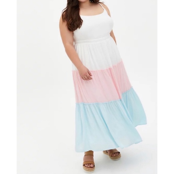 🆕 Colourblock Challis Tiered Maxi Dress 2X 18 20 NWT Torrid New! White Pink Blu - Picture 1 of 6